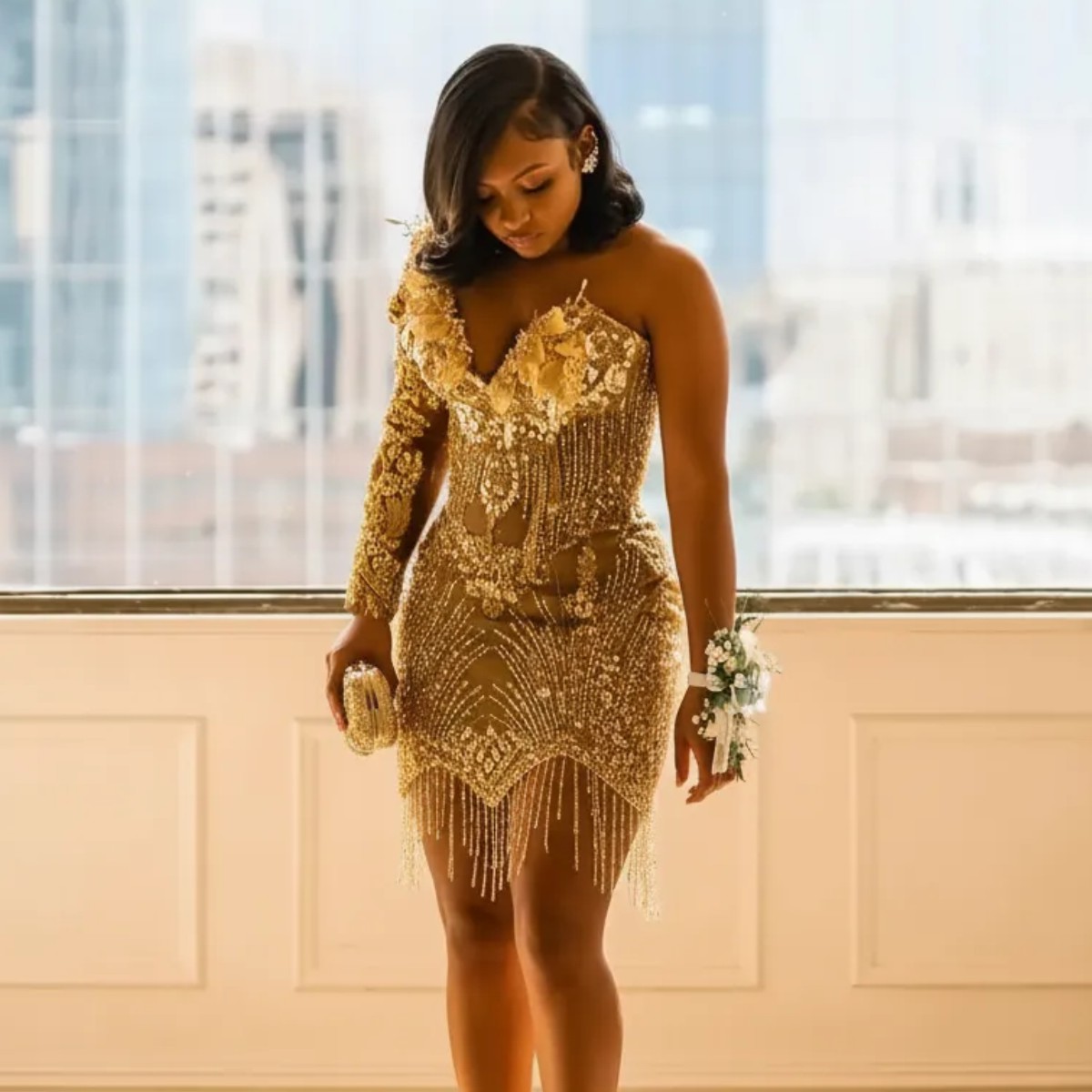 Gold One-Shoulder Crystal Tassel Fringe Short Prom Dress | HC006 | LLELLA