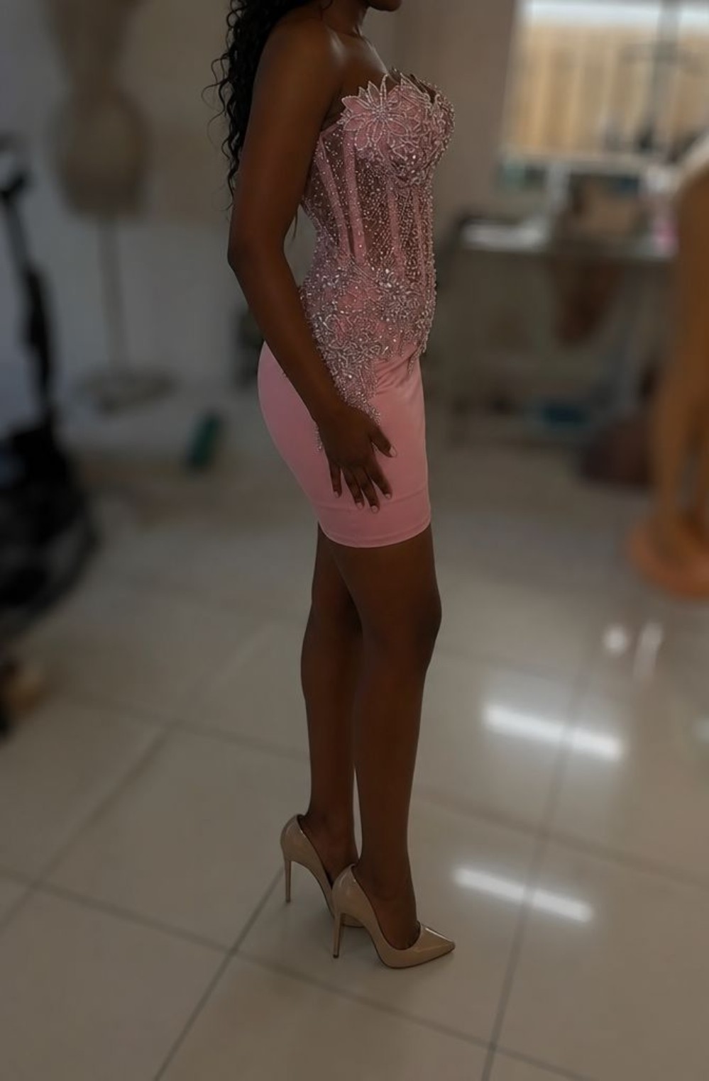 Dusty Pink Crystal Beaded 3D Floral Corset Homecoming Dress | HC009