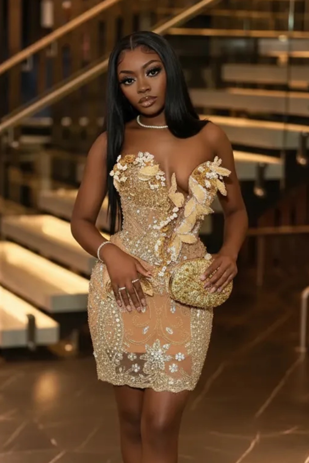 Gold 3D Floral Beaded Strapless Short Prom Dress | HC003 | LLELLA