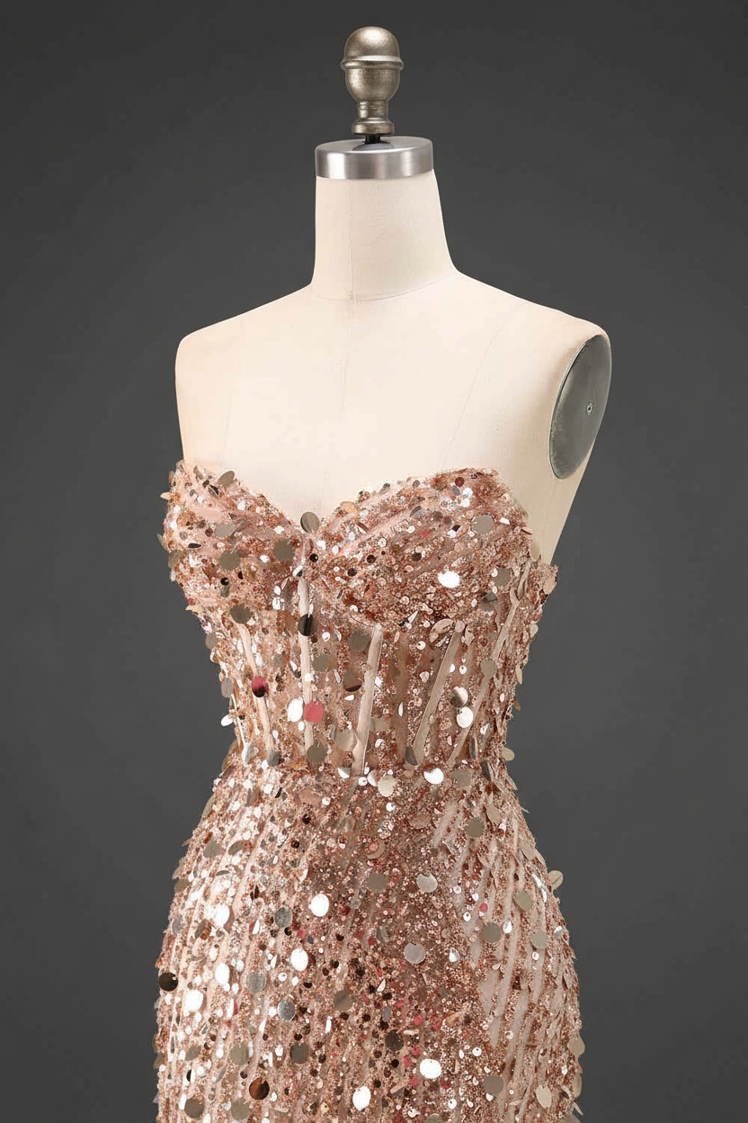 Sparkly Gold Fully Beaded Prom Dress with Deep V Neck Slit and Open Back