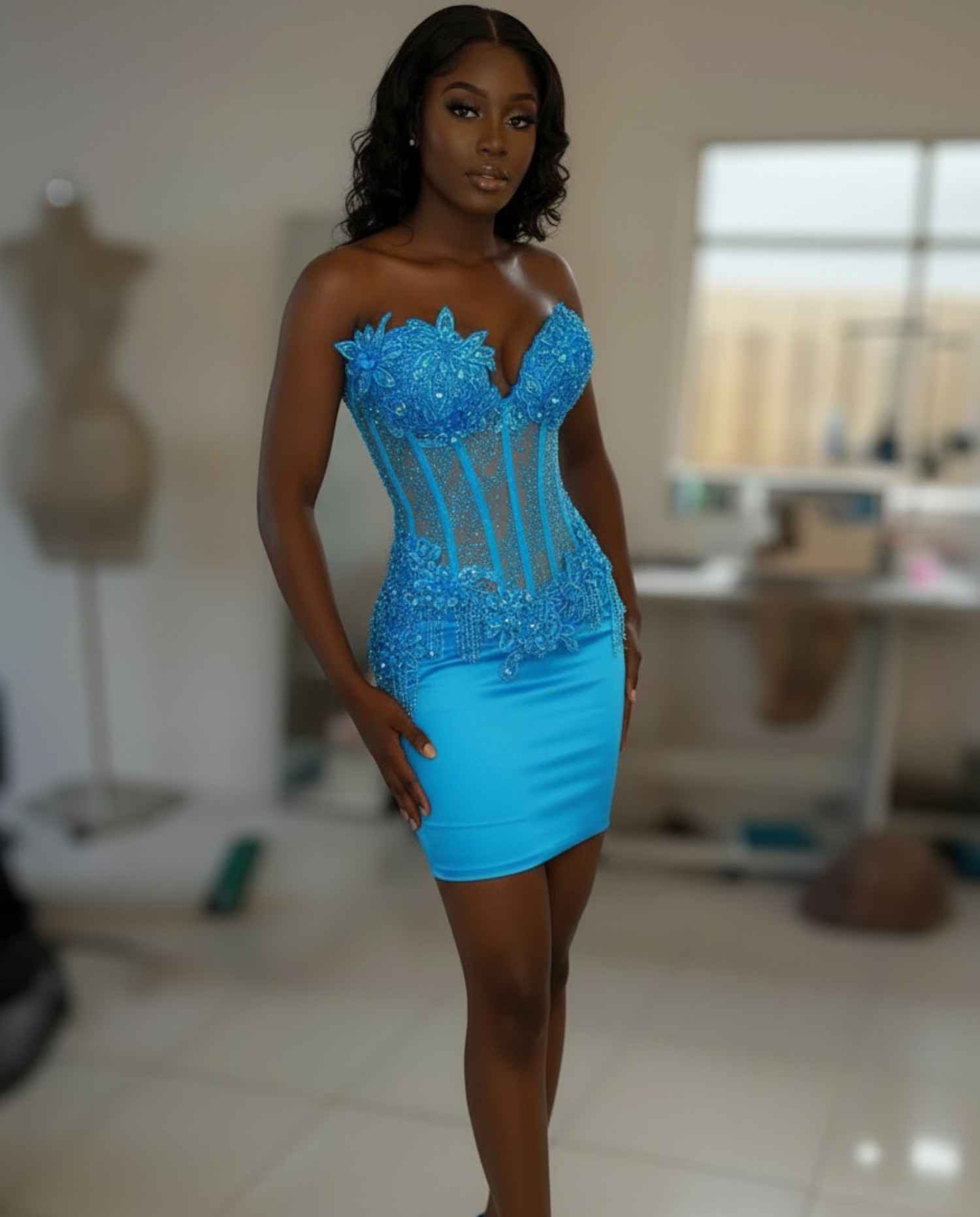 Dusty Pink Crystal Beaded 3D Floral Corset Homecoming Dress | HC009