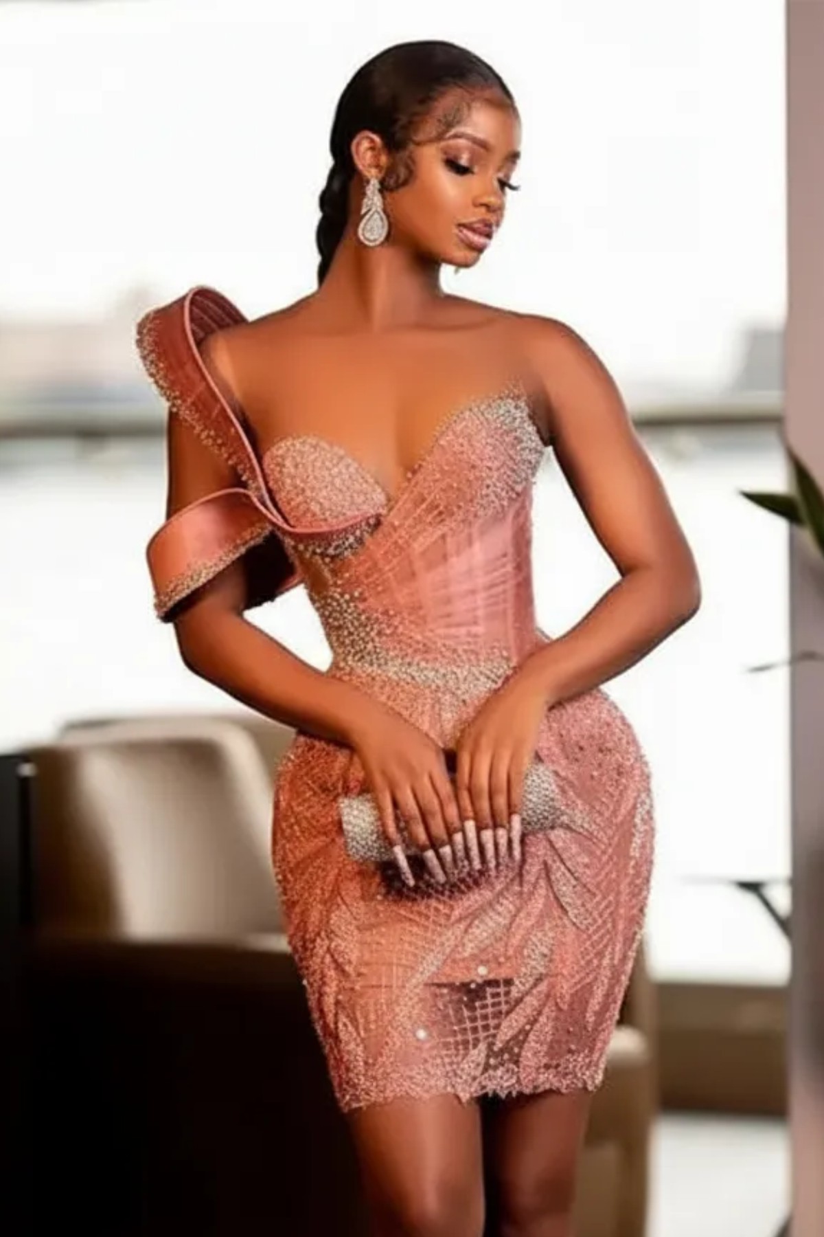 Rose Gold One-Shoulder Ruffle Crystal Beaded Short Prom Dress | HC011 | LLELLA