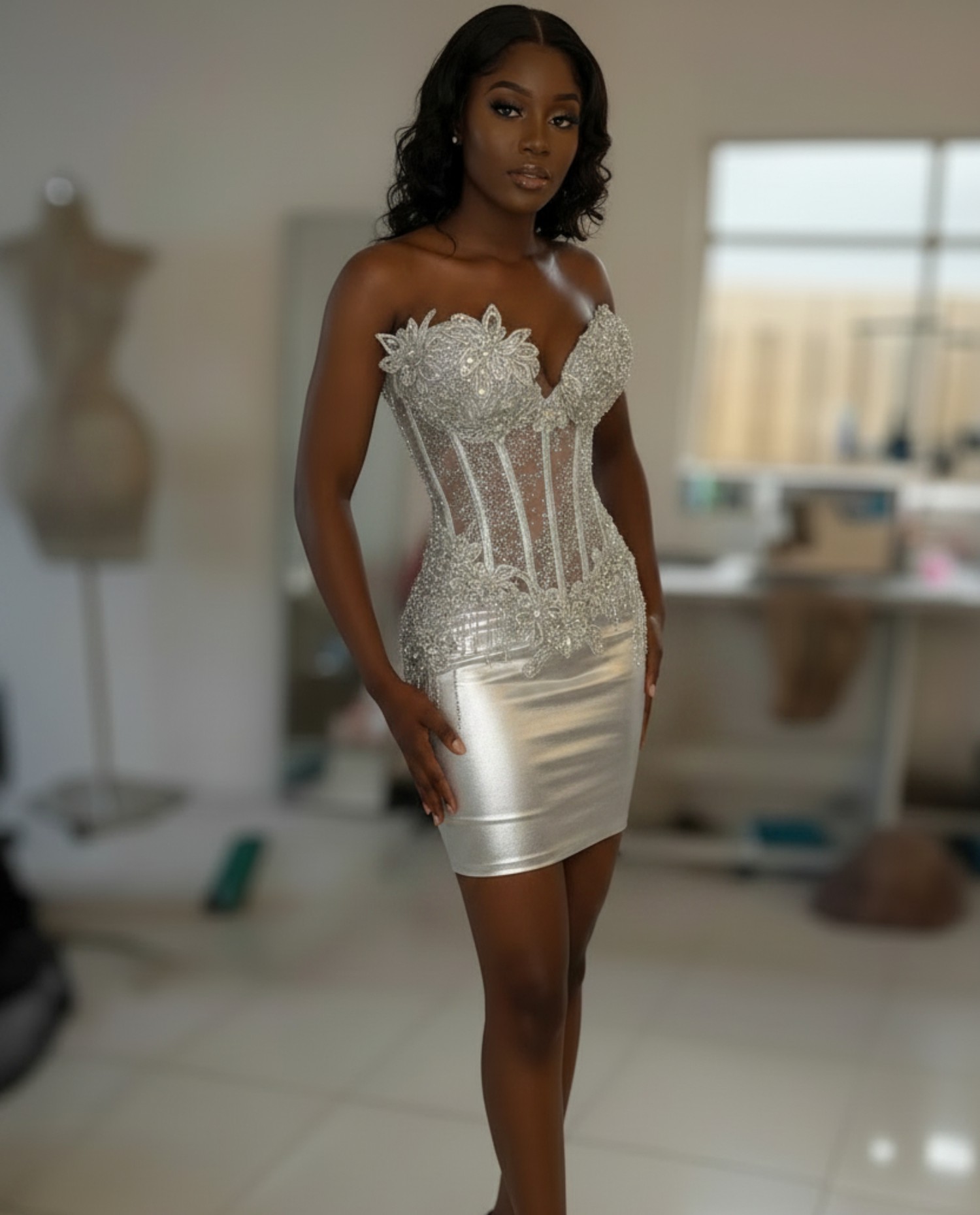 Dusty Pink Crystal Beaded 3D Floral Corset Homecoming Dress | HC009