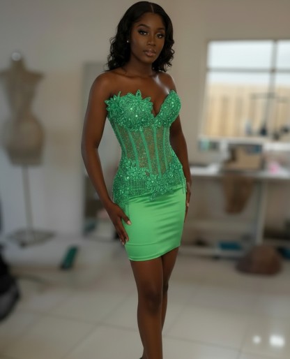 Dusty Pink Crystal Beaded 3D Floral Corset Homecoming Dress | HC009