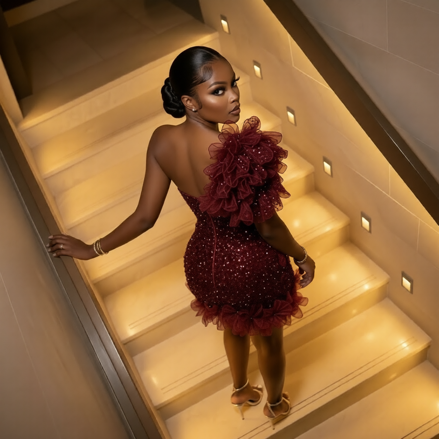 Burgundy One-Shoulder 3D Ruffle Sequin Beaded Homecoming Dress | HC013