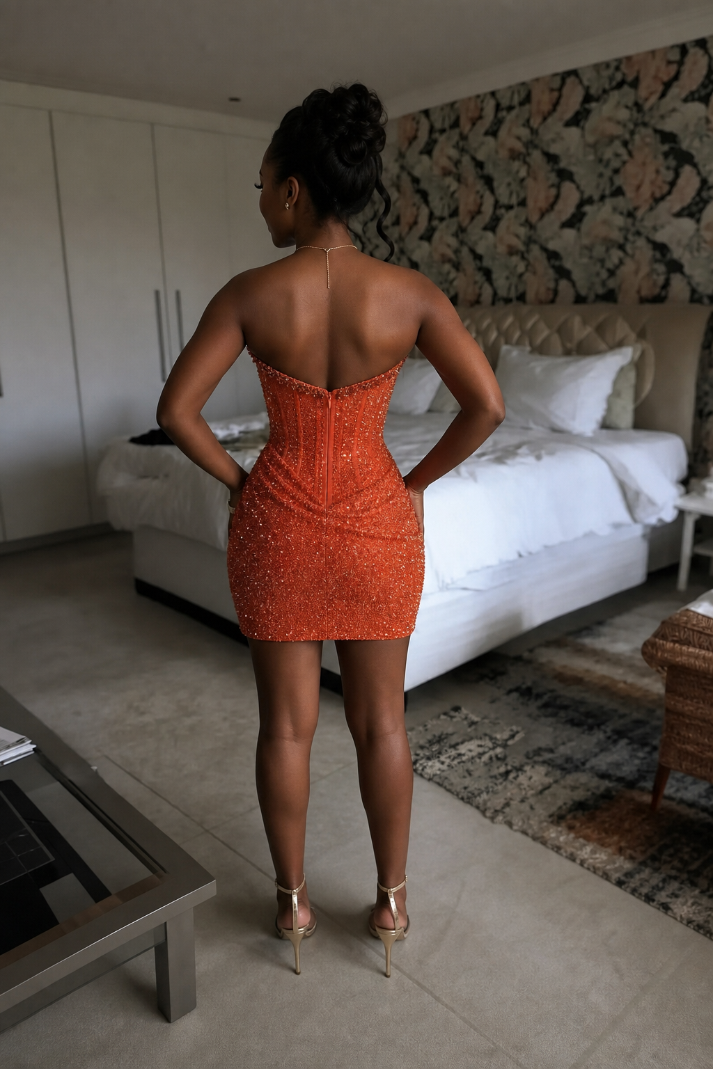 Burnt Orange Crystal Beaded Strapless Corset Homecoming Dress | HC008