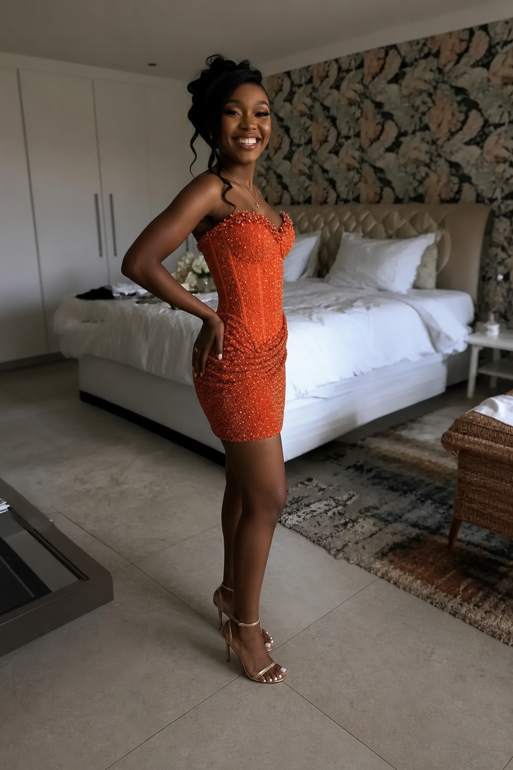 Burnt Orange Crystal Beaded Strapless Corset Homecoming Dress | HC008