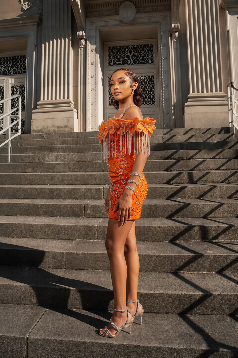 Electric Tangerine Off-Shoulder Crystal Fringe Short Homecoming Dress with 3D Floral Details