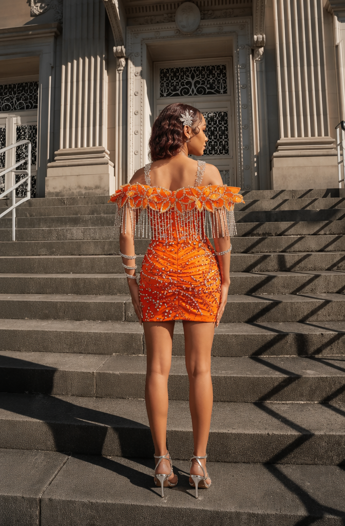 Electric Tangerine Off-Shoulder Crystal Fringe Short Homecoming Dress with 3D Floral Details