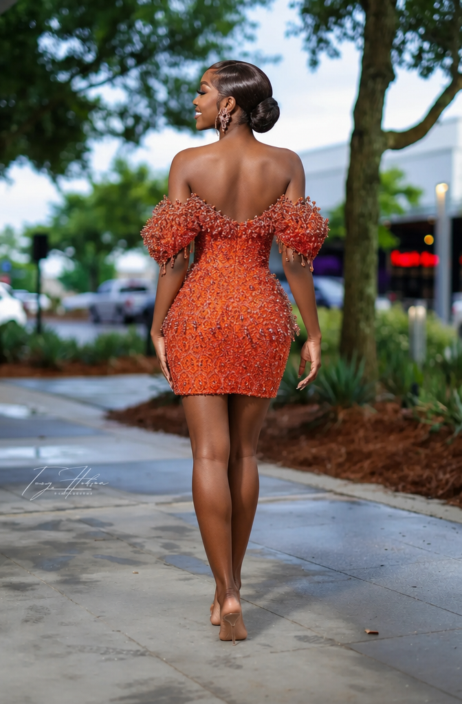 Burnt Orange Off-Shoulder Sequin Beaded Mini Homecoming Dress | Short Party Dress HC053
