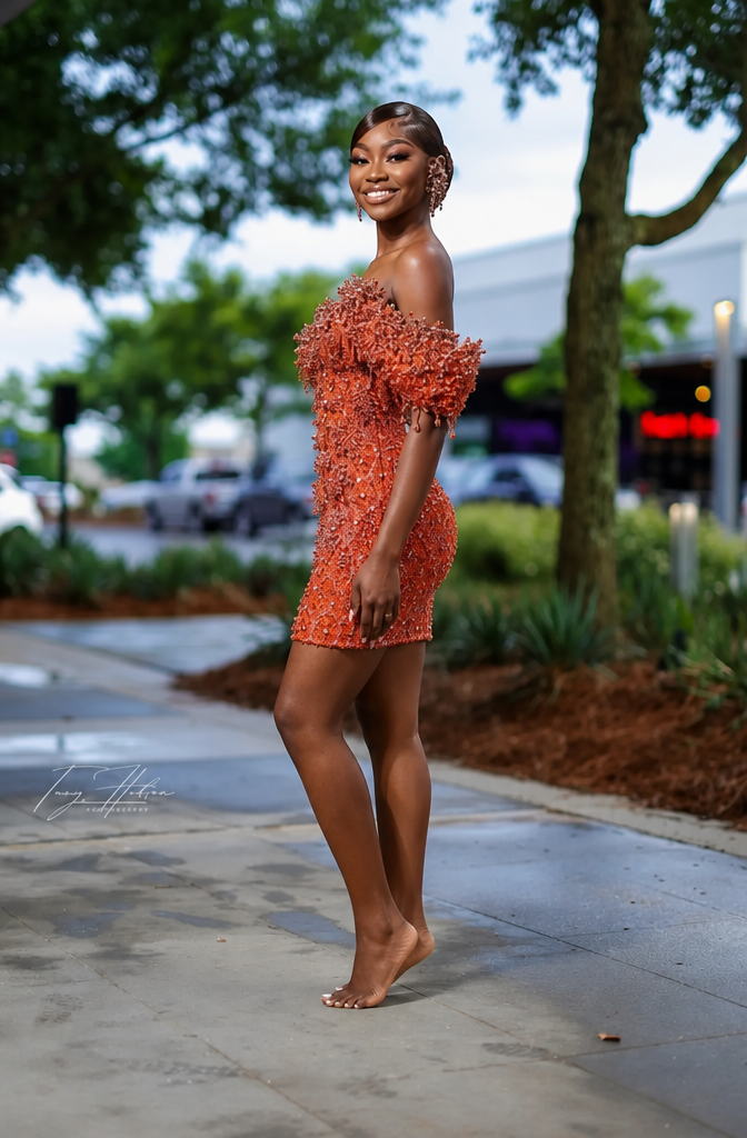 Burnt Orange Off-Shoulder Sequin Beaded Mini Homecoming Dress | Short Party Dress HC053