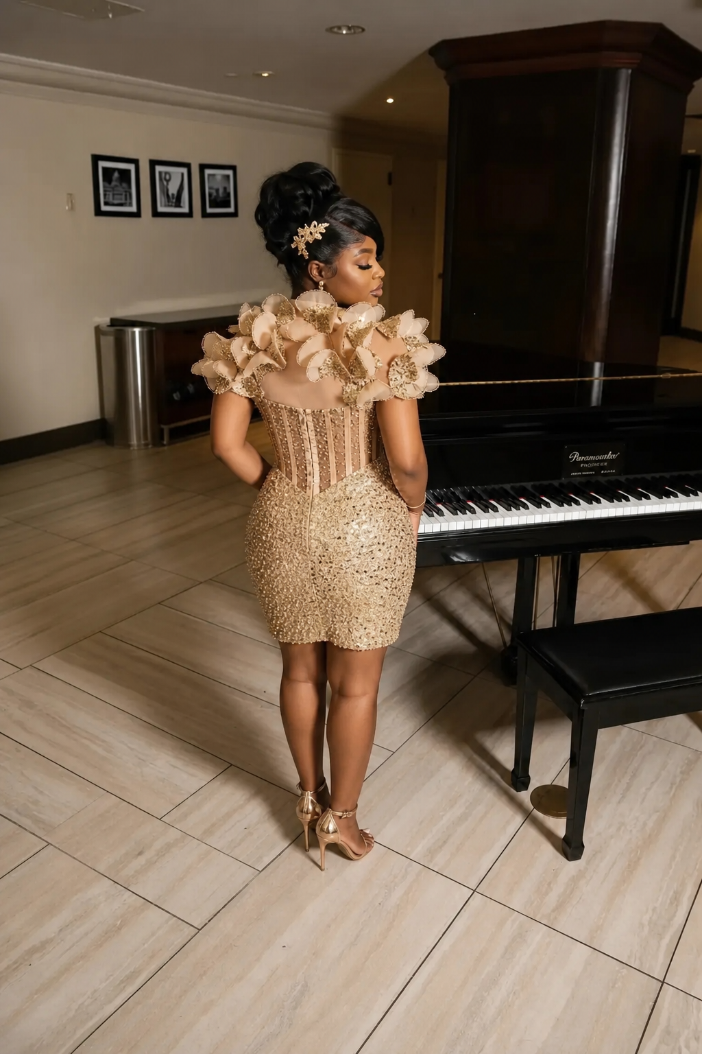 Champagne Gold 3D Sculptural Petal Off-Shoulder Sequin Mini Homecoming Dress | Short Party Dress HC054