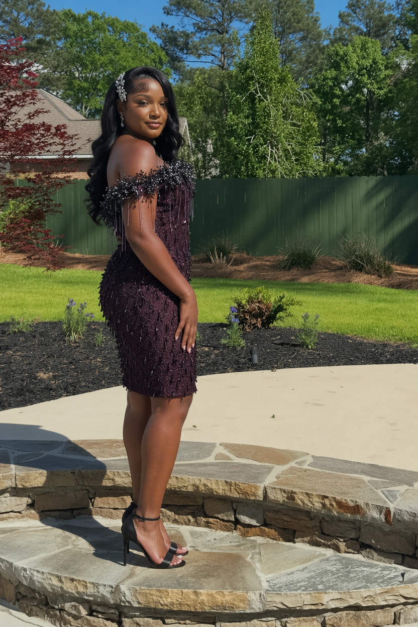 Deep Purple Off-Shoulder Beaded Feather Mini Homecoming Dress with Crystal Fringe | Short Party Dress HC056