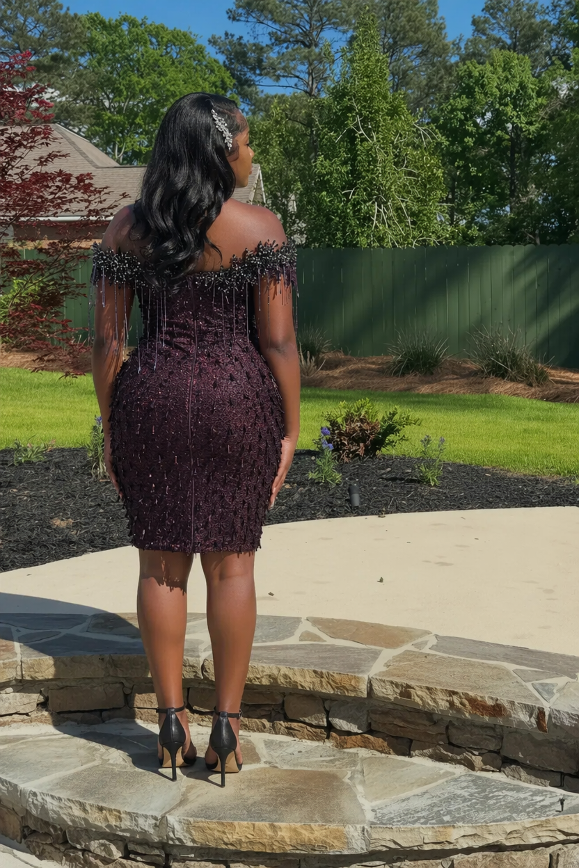 Deep Purple Off-Shoulder Beaded Feather Mini Homecoming Dress with Crystal Fringe | Short Party Dress HC056