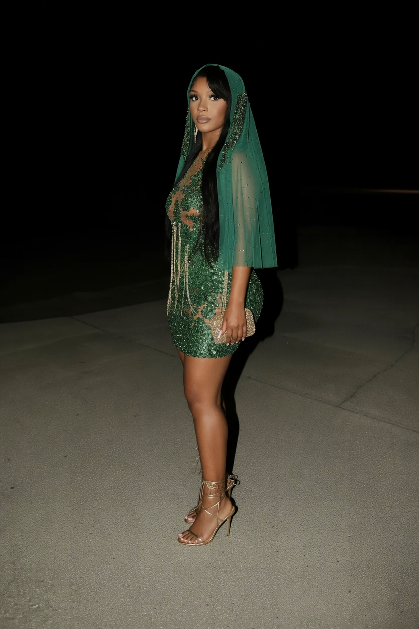 Emerald Dream Hooded Sequin Beaded Short Prom Dress with 3D Floral Details