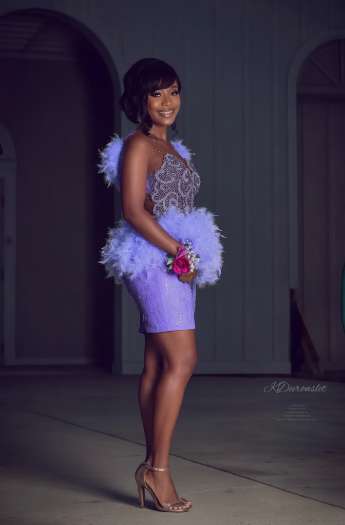 Lavender Dream Crystal Beaded Short Homecoming Dress with Feather Sleeves & Ruffle Skirt
