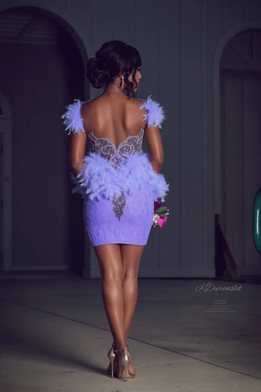 Lavender Dream Crystal Beaded Short Homecoming Dress with Feather Sleeves & Ruffle Skirt