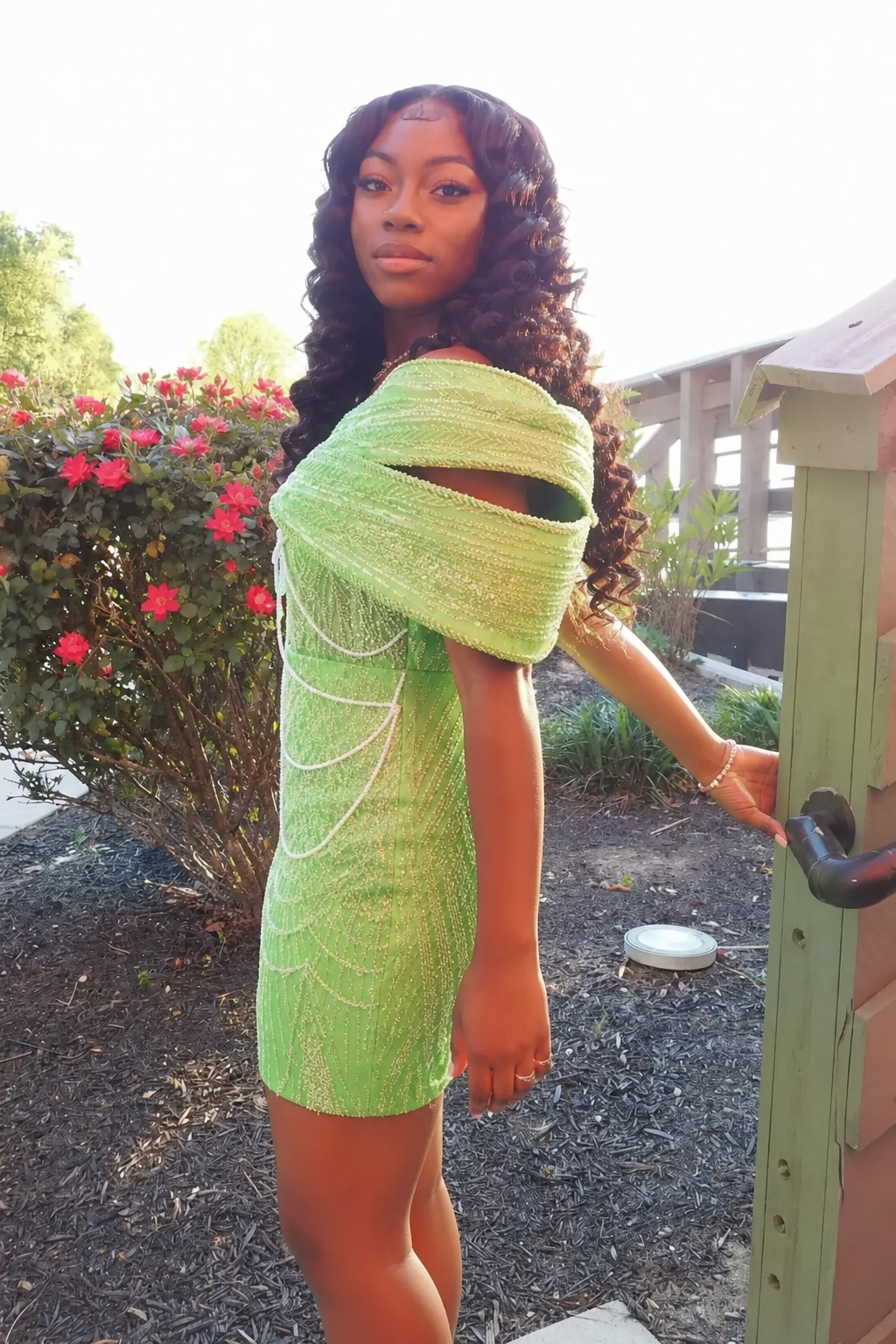 Lime Green Gold Off-Shoulder Puff Sleeve Pearl Chain Mini Homecoming Dress | Short Party Dress HC063