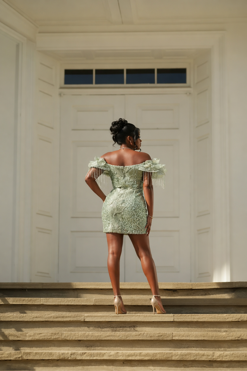 Mint Green Off-Shoulder Sequin Beaded Short Homecoming Dress with 3D Leaf Appliqué & Crystal Fringe
