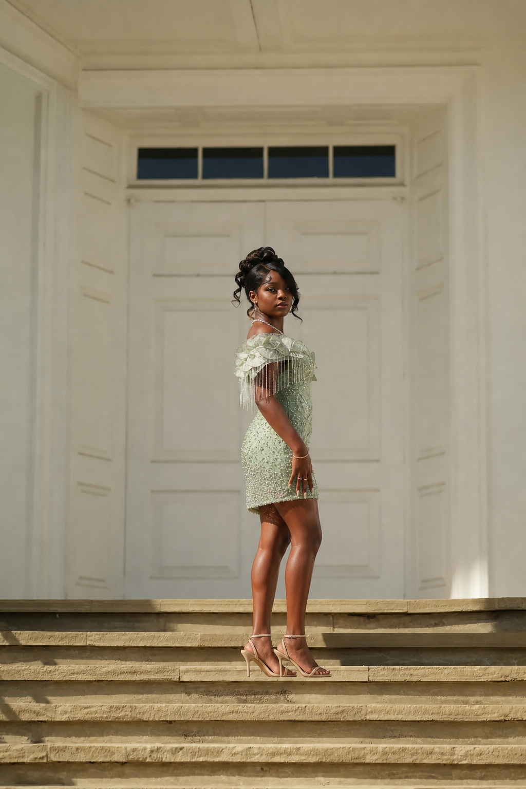 Mint Green Off-Shoulder Sequin Beaded Short Homecoming Dress with 3D Leaf Appliqué & Crystal Fringe