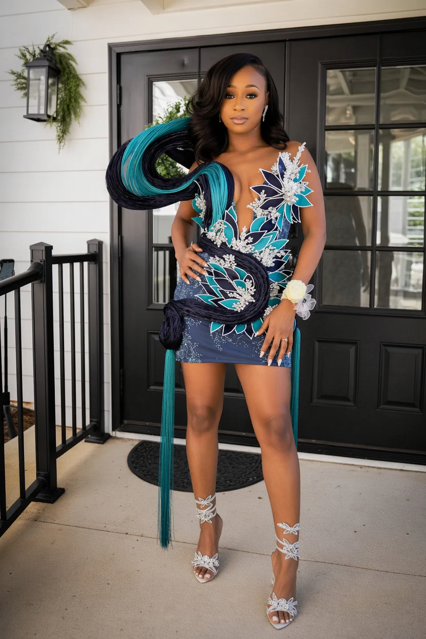 Navy Blue Deep V-Neck 3D Peacock Sculptural Mini Homecoming Dress | Short Party Dress HC066