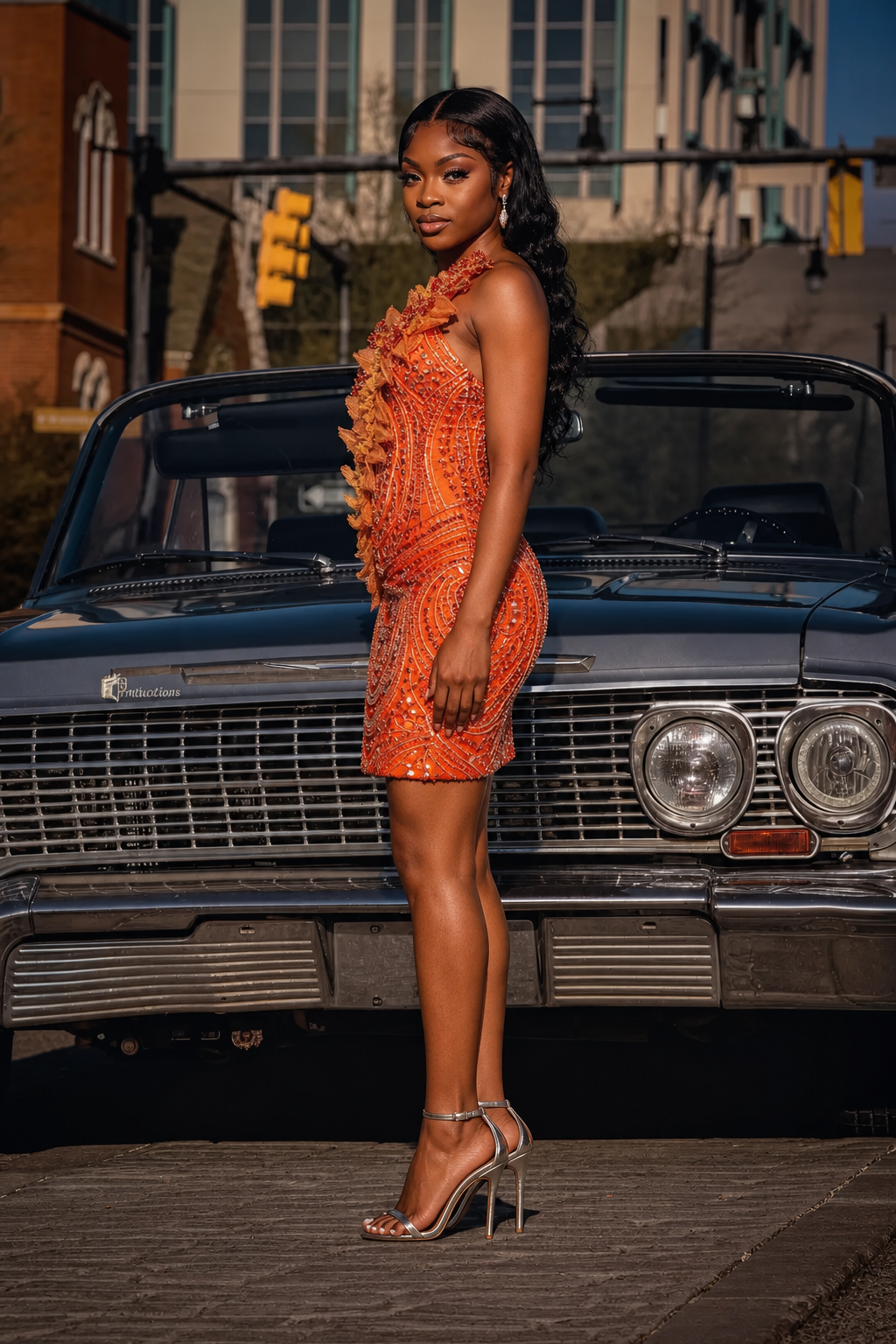Orange Sequin Beaded 3D Floral One-Shoulder Mini Homecoming Dress | Short Party Dress HC061