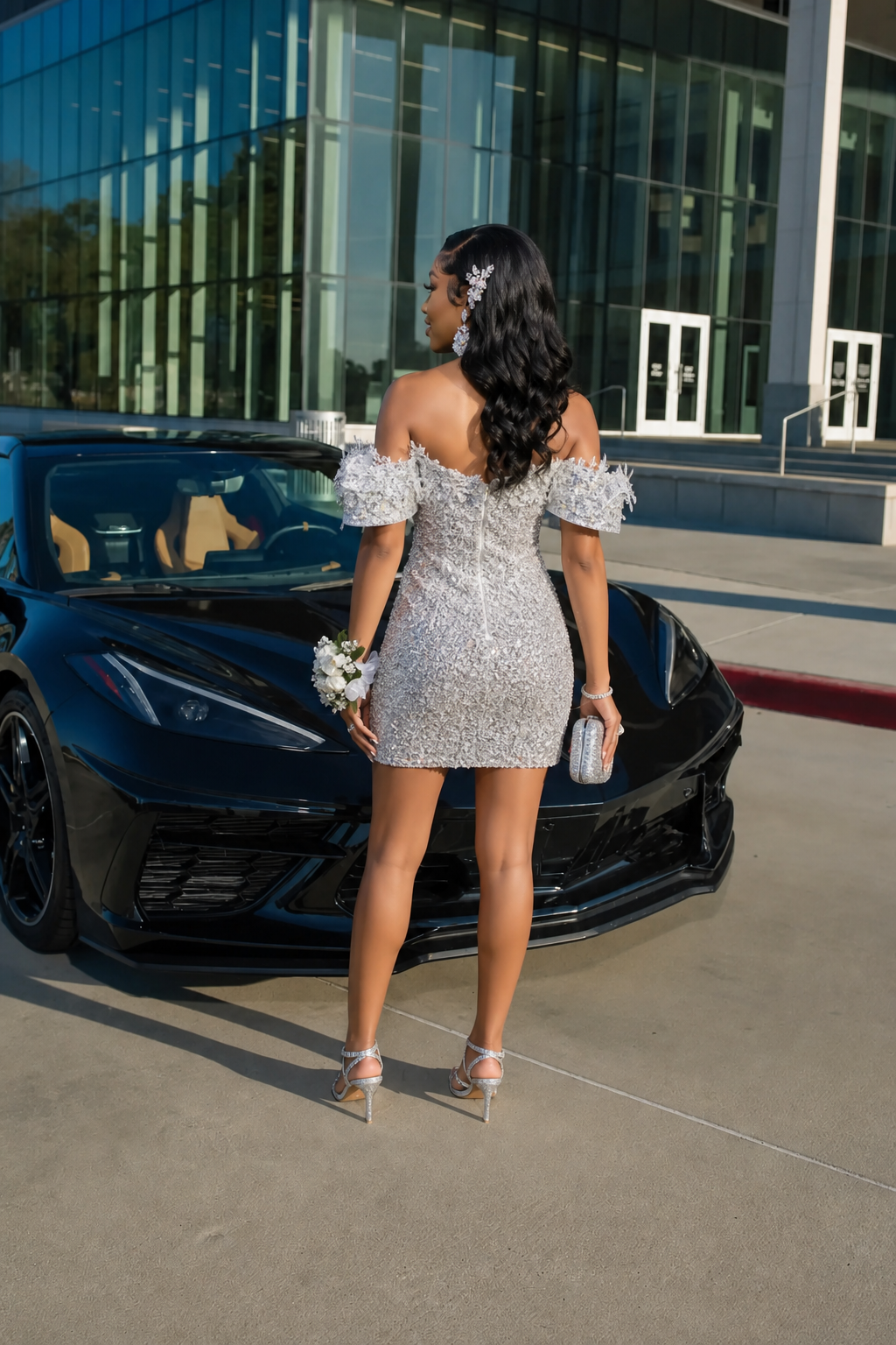 Silver Off-Shoulder Sequin Beaded Mermaid Homecoming Dress with 3D Floral Feather Sleeves