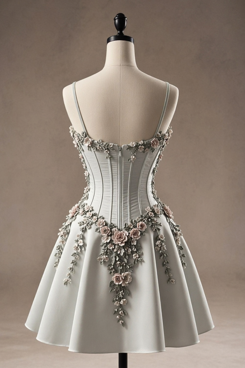 Grey 3D Flowers Homecoming Dress