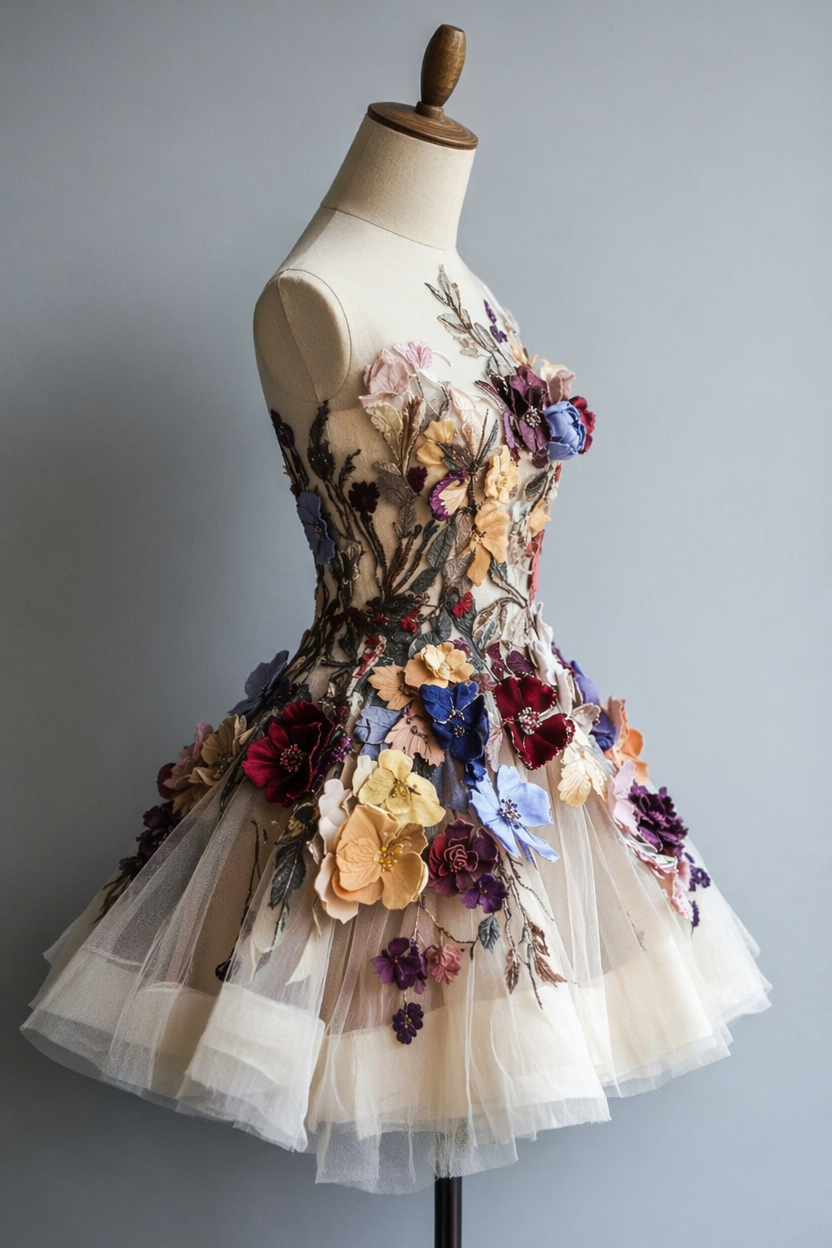 Strapless Flowers Homecoming Dress