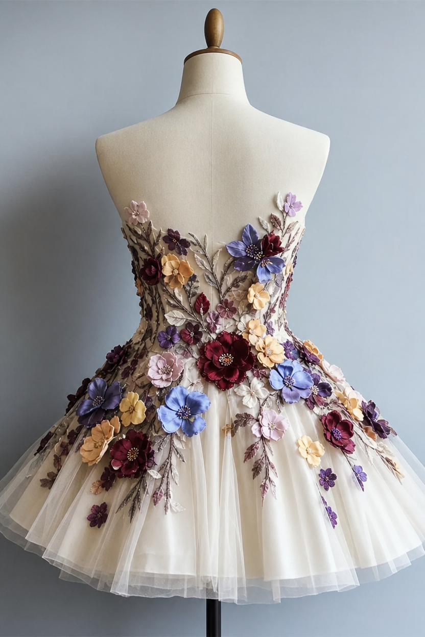 Strapless Flowers Homecoming Dress