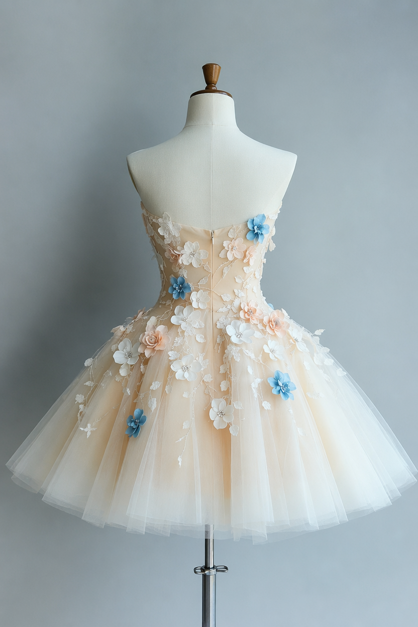 Strapless Tulle Flowers Homecoming Dress