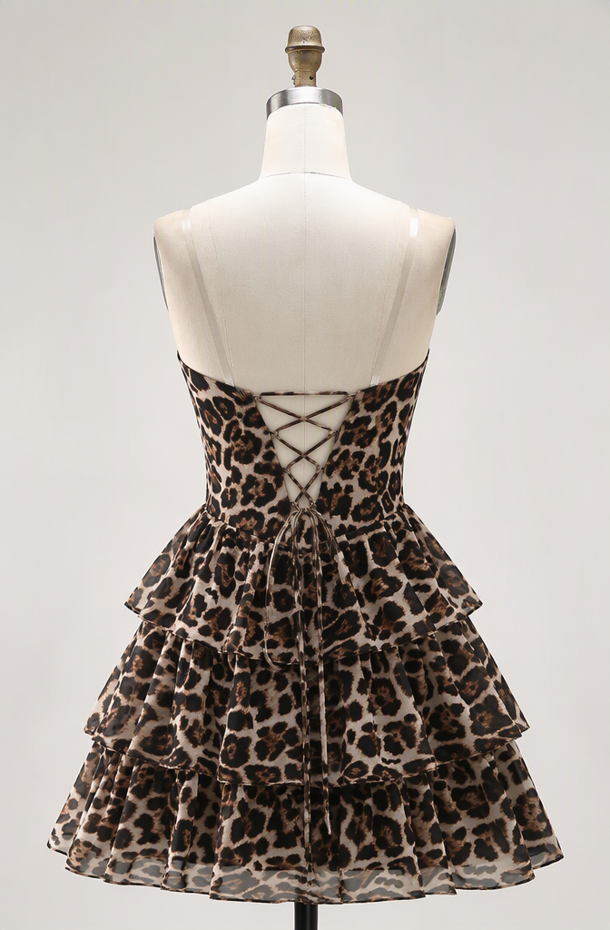Brown Cheetah Print Tiered A Line Short Corset Homecoming Dress