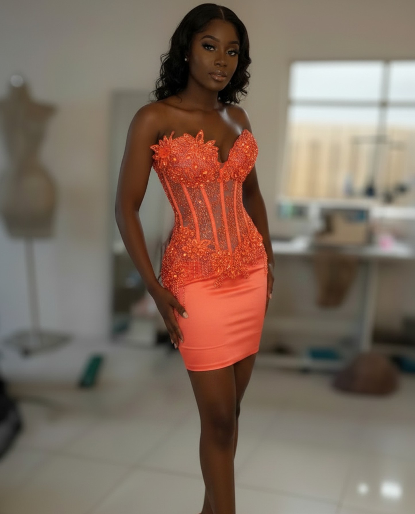 Dusty Pink Crystal Beaded 3D Floral Corset Homecoming Dress | HC009