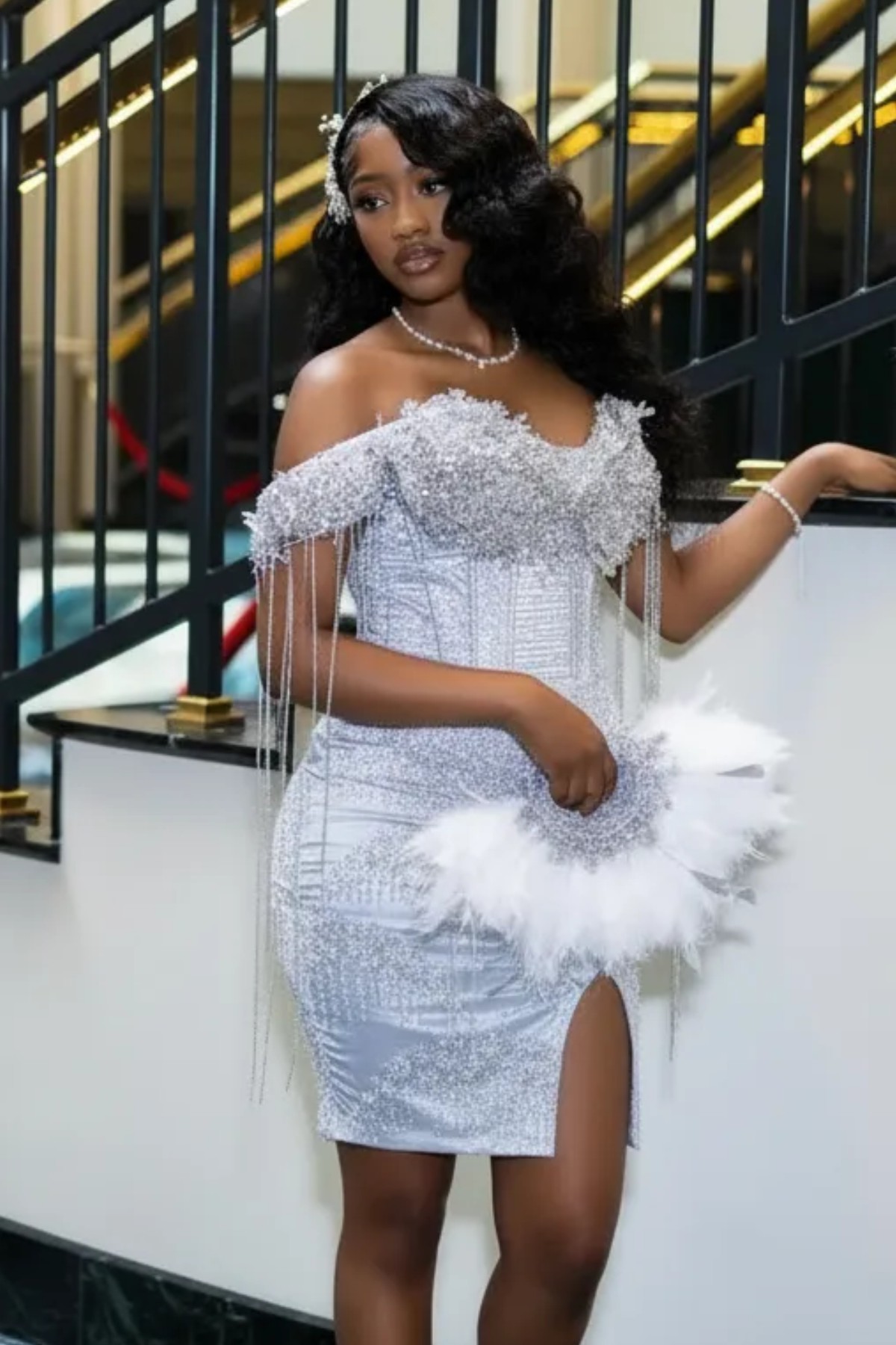 Ice Blue Off-Shoulder Crystal Tassel Fringe Beaded Homecoming Dress with Slit | HC007
