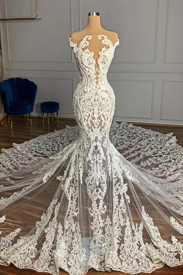 LLELLA Cap Sleeves Lace Wedding Dress Mermaid Long On Sale-LLELLA