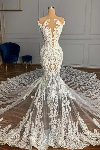 LLELLA Cap Sleeves Lace Wedding Dress Mermaid Long On Sale-LLELLA