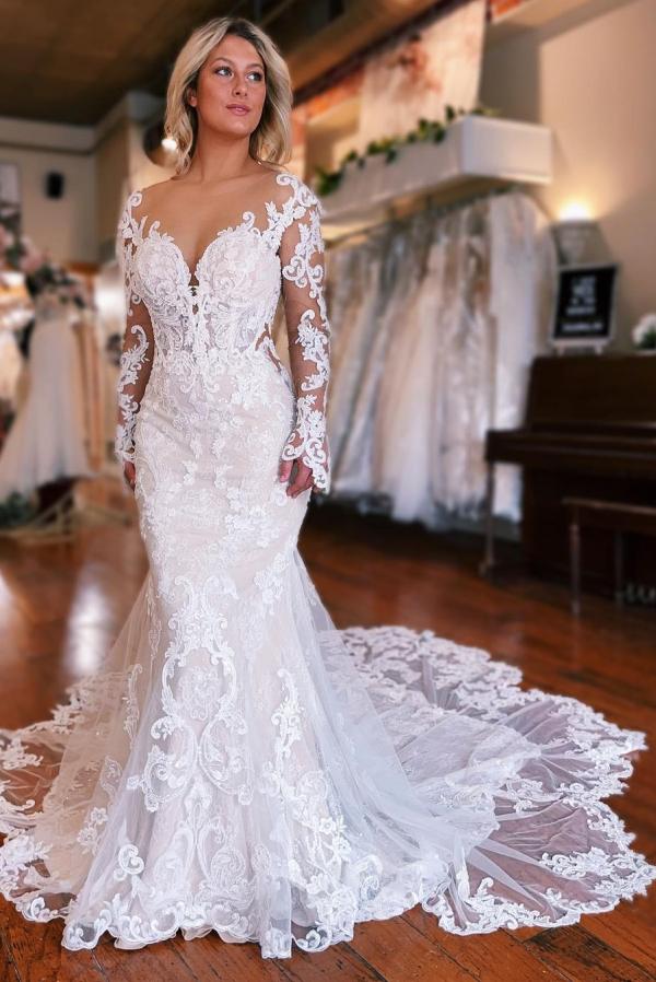 LLELLA Long Sleeves Lace Wedding Dress Mermaid Overskirt On Sale-LLELLA