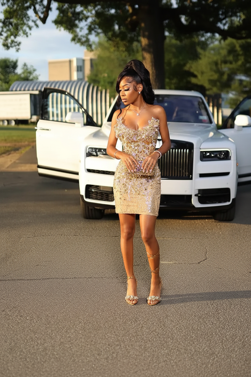 Glam Crystal Beaded Homecoming Dress with 3D Floral Details | HC001