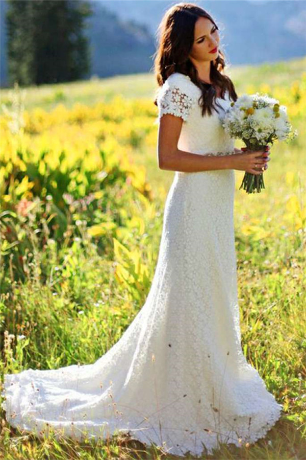 LLELLA Short Sleeves Lace Boho Wedding Dress On Sale-LLELLA