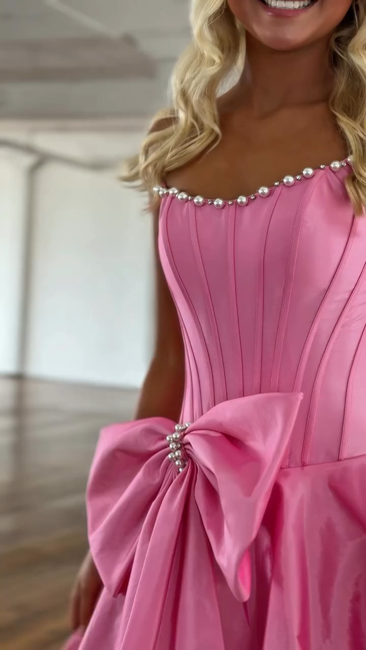 Pink Satin Pearl Rhinestone Neckline Corset Bow Waist Fit & Flare Mini Homecoming Dress