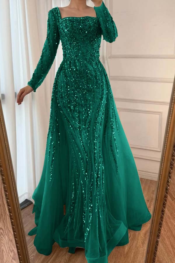 Square Neck Long Sleeves Long Mermaid Prom Dress With Beading Tulle