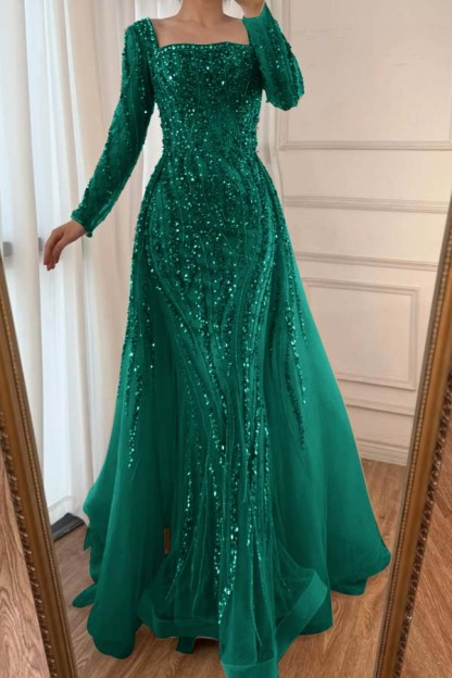 Square Neck Long Sleeves Long Mermaid Prom Dress With Beading Tulle