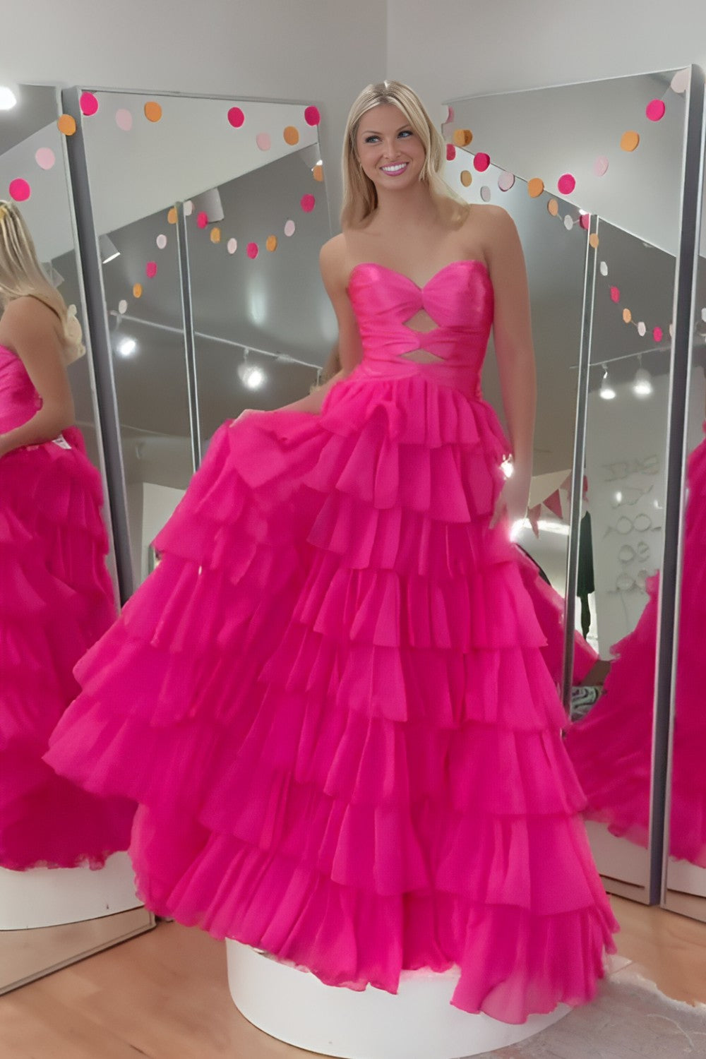 Pink Tiered Strapless Prom Dress with Keyholes-LLELLA