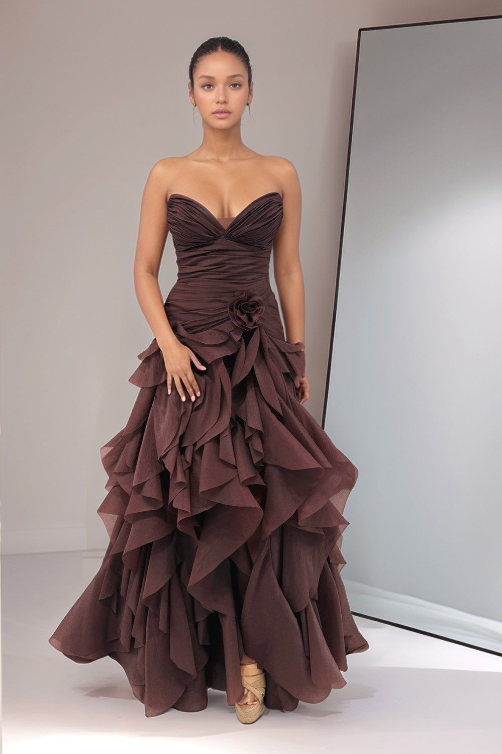 V Neck Tiered Strapless Long Prom Dress-LLELLA