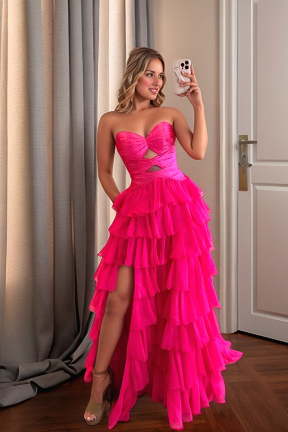 Sexy Tiered Hot Pink Long Prom Dress With Slit-LLELLA