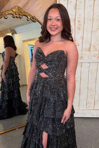 Sparkly Yellow Sweetheart A-Line Satin Ruffled Cut-Out Long Prom Dress with Beading