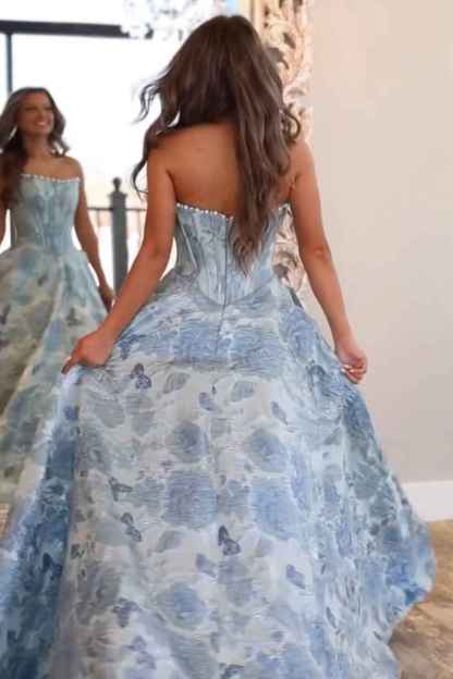 Sparkly Grey Blue Flower Strapless A-Line Long Corset Prom Dress with Beading