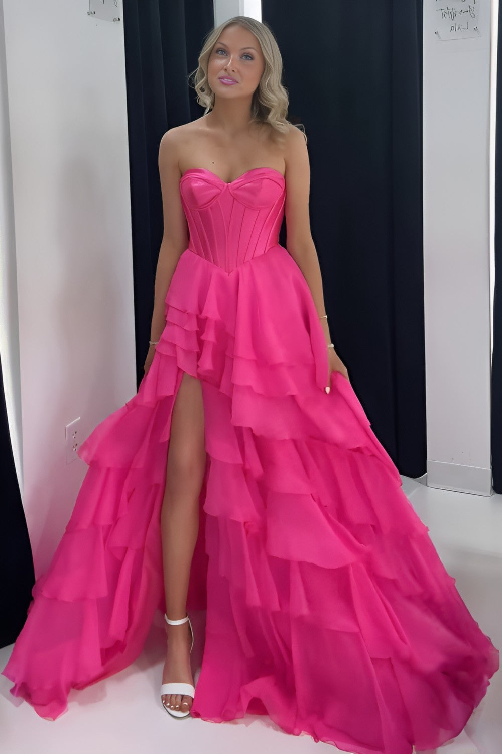 A-line Sweetheart Pink Tiered Strapless Prom Dress-LLELLA