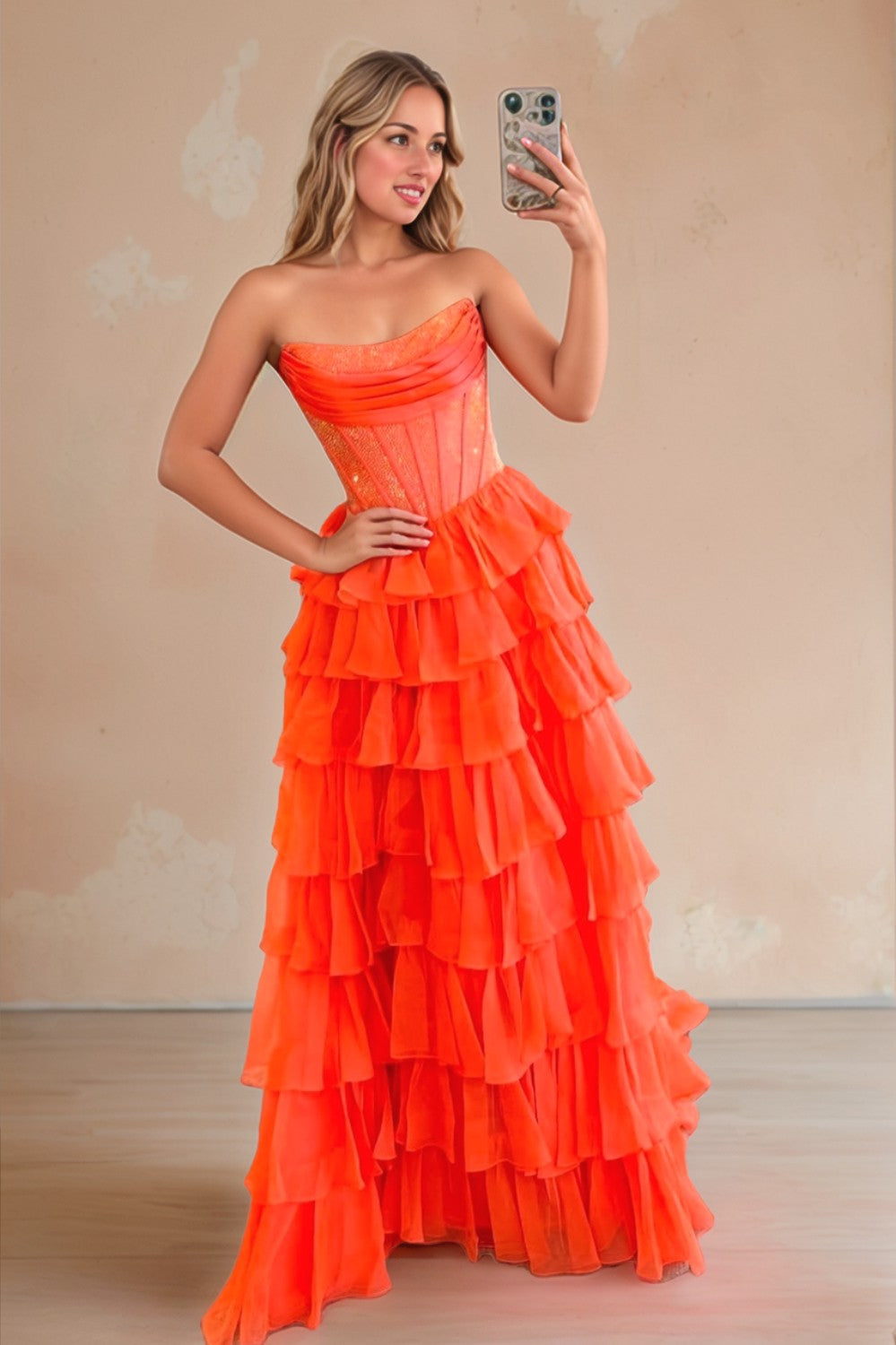 Strapless A line Tiered Long Prom Dress With Beading-LLELLA