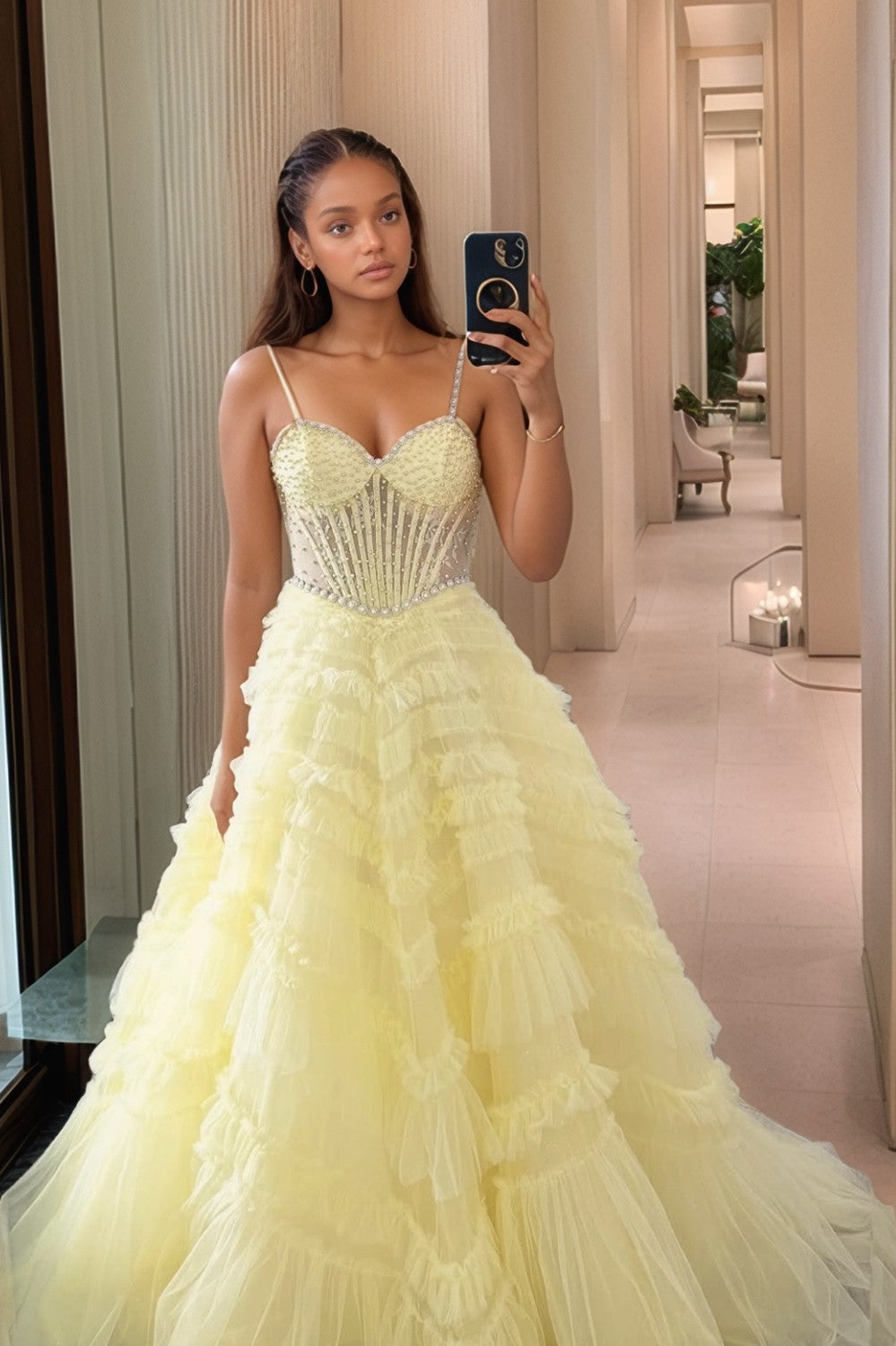 A line Tiered Light Yellow Prom Dress-LLELLA